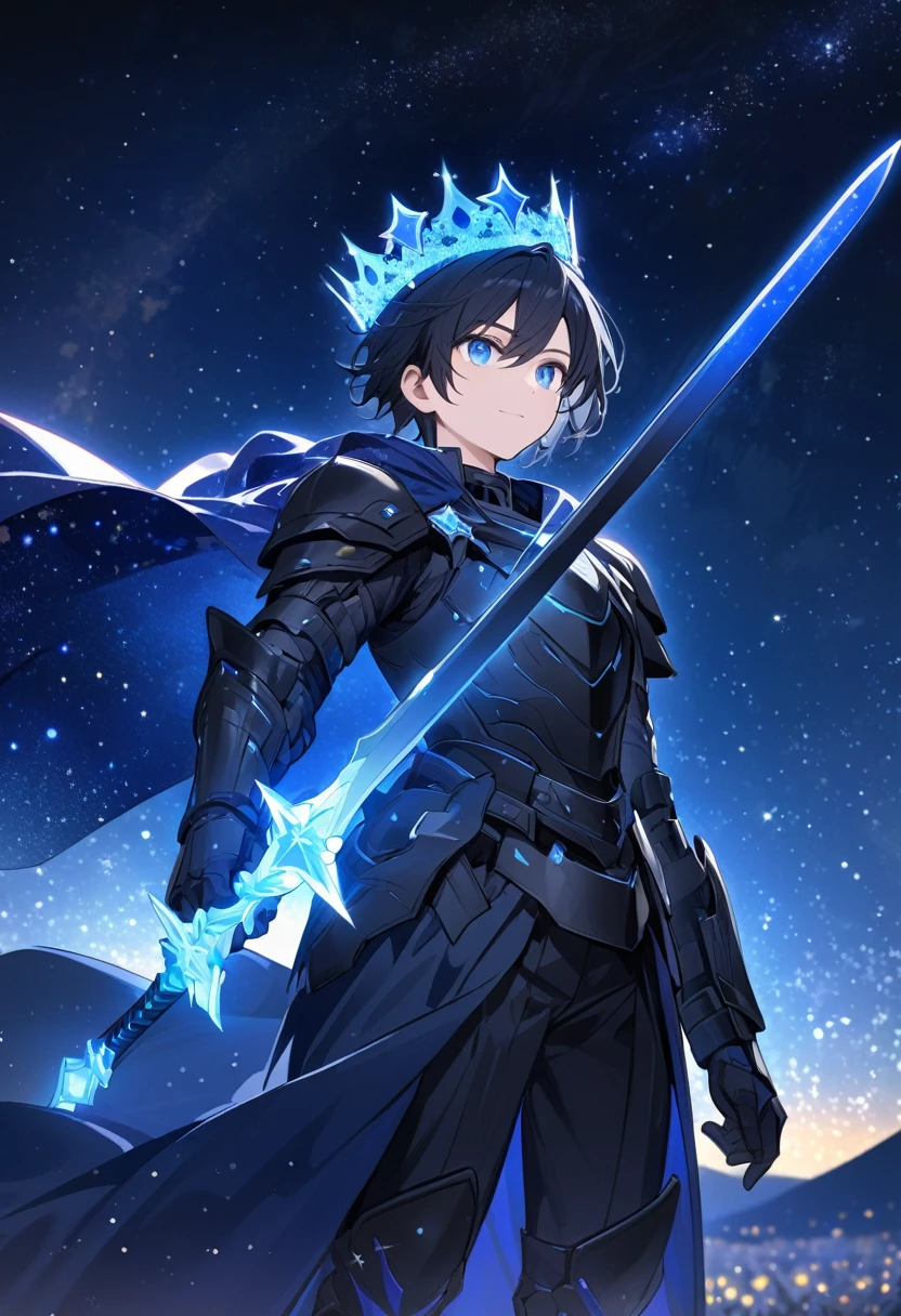 Solo-man, medium length black hair, blue eyes, black armor, blue glowing crown made of stars, blue starry cloak, (holding a black sword:1.3), starry night in background 