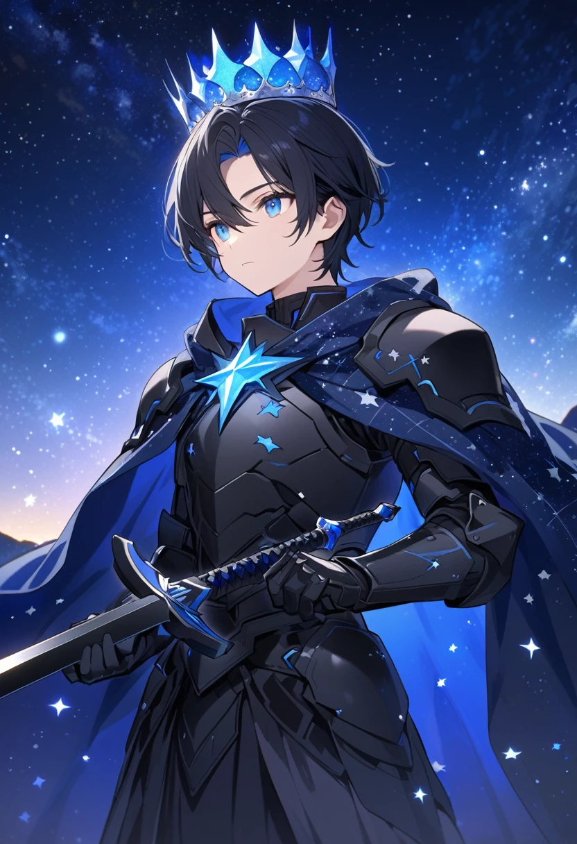 Solo-man, medium length black hair, blue eyes, black armor, blue glowing crown made of stars, blue starry cloak, (holding a black sword:1.3), starry night in background 