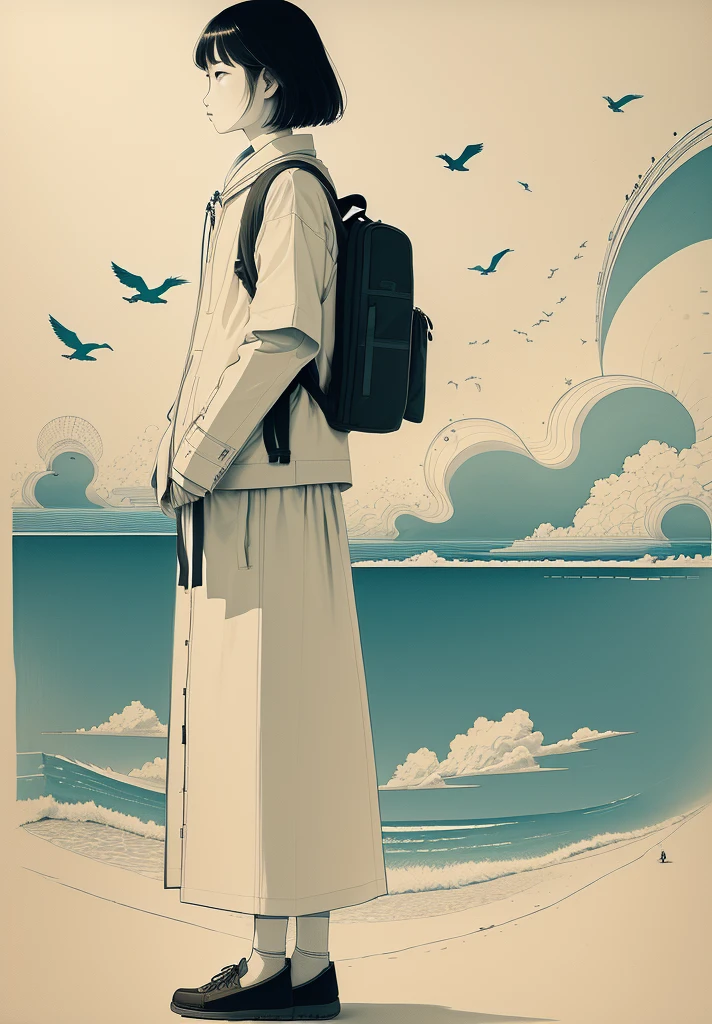 A man standing on the beach,Carrying a backpack,A bird flies in the sky, Inspired by Takeyama Koji Saneatsu, This girl has a backpack, Saul Steinberg(Saul Steinberg)of inspiration, Inspired by Yasui Kotaro, Explorer Sketch, Inspired by Michizari Kono, Line Drawing, Inspired by Onchi Koshiro