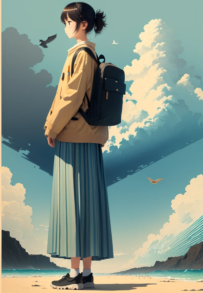 A man standing on the beach,Carrying a backpack,A bird flies in the sky, Inspired by Takeyama Koji Saneatsu, This girl has a backpack, Saul Steinberg(Saul Steinberg)of inspiration, Inspired by Yasui Kotaro, Explorer Sketch, Inspired by Michizari Kono, Line Drawing, Inspired by Onchi Koshiro