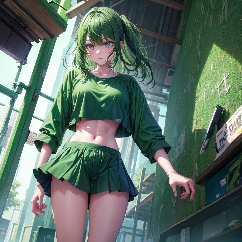 A clumsy, scatterbrained green-haired girl wearing green clothes