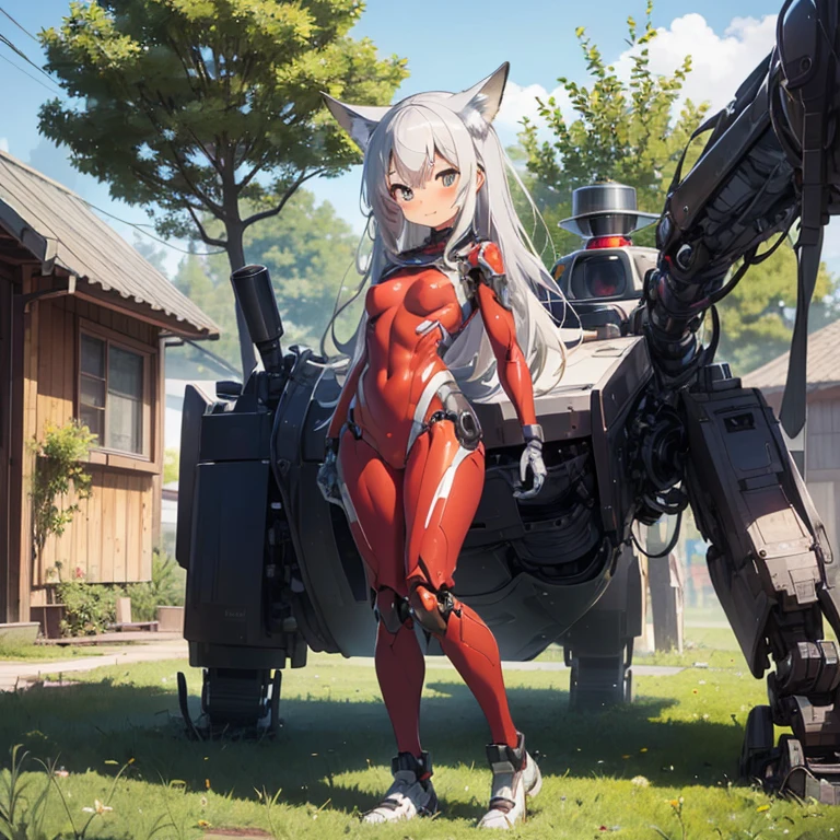 (Fox Girl, Fox Ears, Silver Hair, Fox Makeup, One Woman, Long Hair:1.6), (mecha musume, Machinery Parts,Robot Joints, Red clothes, Full Body Suit:1.8), (Body measurements are 75-60-75!, Young girl body, Small breasts, Proudly, Standing posture, Plump, muscle:1.9), Avatar, face, lewd face, Dominant representation, naughty face, Uplifting, Skin Texture, outside, Grassy field