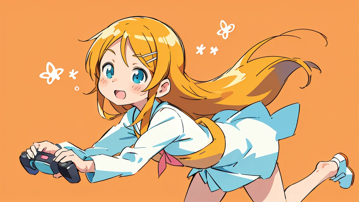 Kirino Takasaka, Oremo, best quality, Practical, Vivid Kirinos, Digital Illustration, naked体, Medium breasts, naked, Game Girl, Orange long hair, student, teenager, Focused gaze, earphone, game controller, Colored background, Cheerful expression, beautiful, beautiful