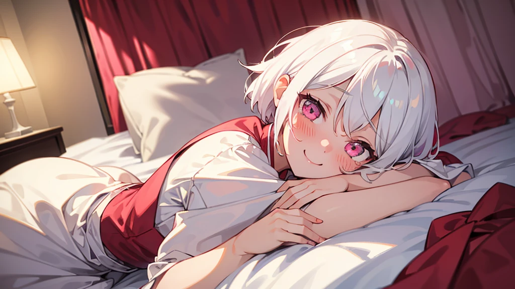 White Hair Girl、Pink Eyes、Short Hair、Only one girl、Night、In the bedroom、Blushing、laughing、Excited、Just One、Sitting on the bed、Sweating、Red ribbon on the right side of the head