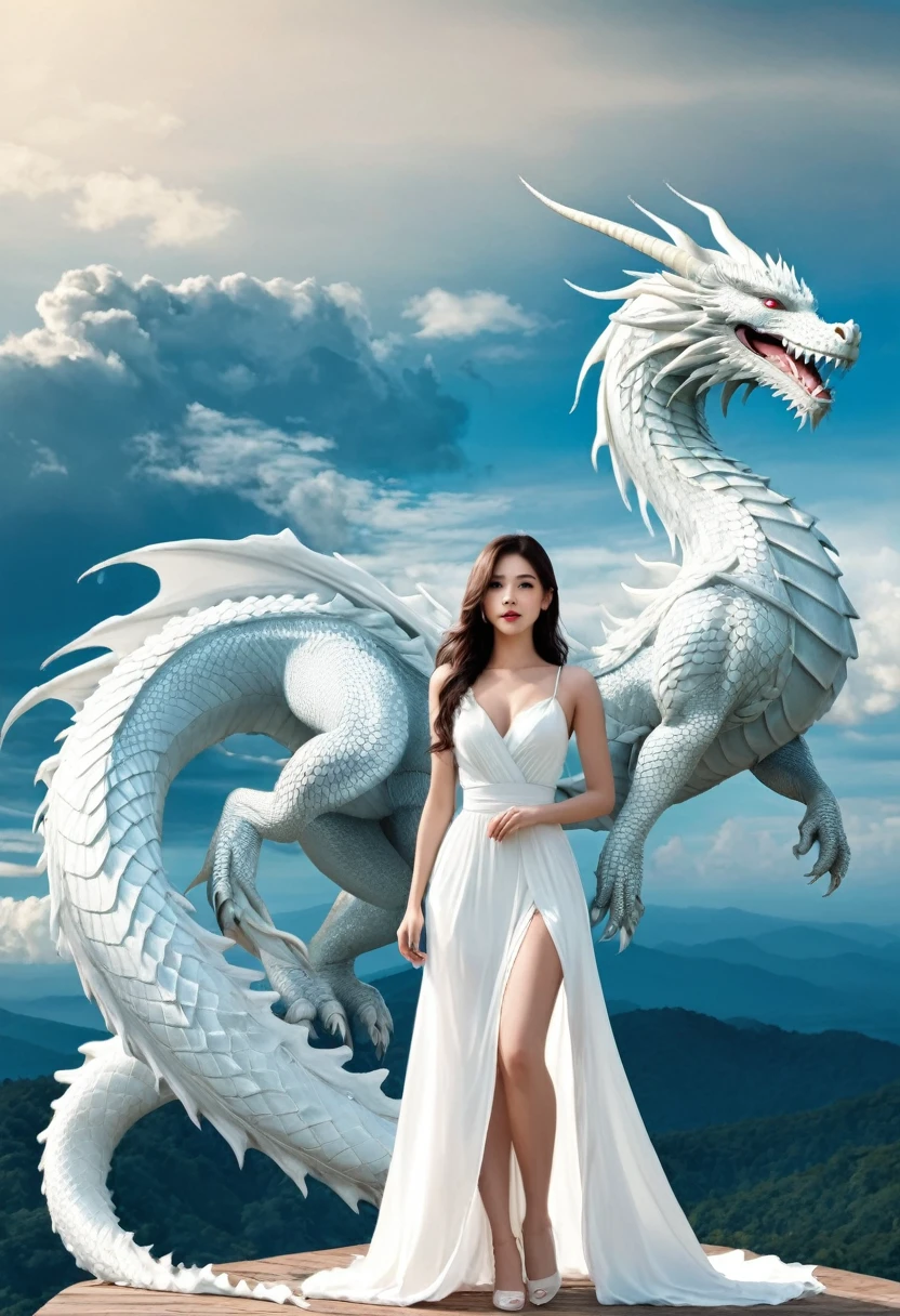 Full body, Beautifull women and white dragon blue sky..
