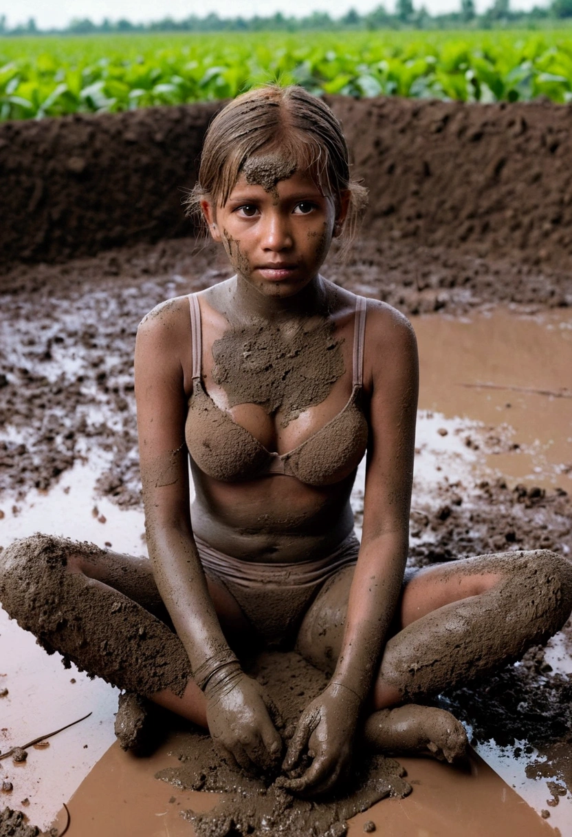 young black naked  girl sitting in dirty sewage