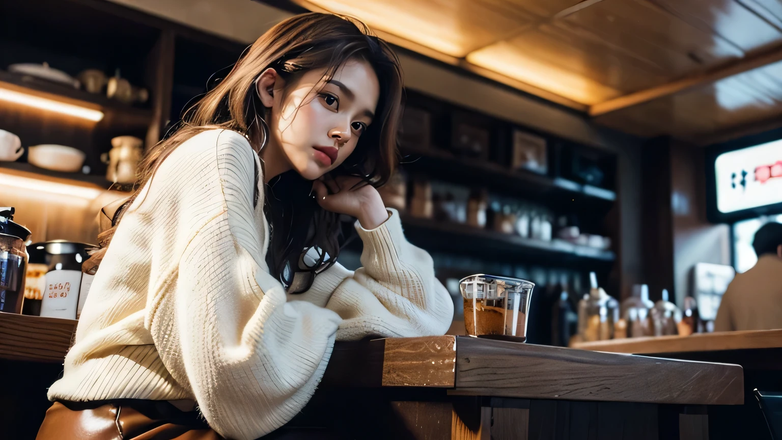 Hyperrealistic, cinematic quality, futuristic coffee shop video. A cyberpunk atmosphere. The interior is a mixture of antique and hyper-futuristic. The store is crowded with many female customers. Japanese beautiful girl: ((back-view)), ((faceless)), 25-year-old Japanese girl with long wavy brown hair. wearing a beige sweater and long white pants. SCENE: The woman is happy with her hands on her cheeks, indicating her excitement at meeting the man of her dreams. Main Description Appearance: Wavy brown hair, beige sweater and long white pants. Emotion: Her body language clearly conveys excitement and joy.