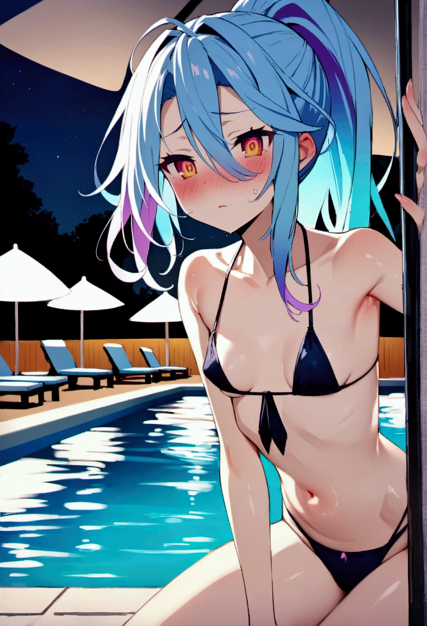 NSFW,masterpiece,Highest quality,High resolution,Very detailed,white\(no game No life\),Small breasts,ponytail,High quality tie side bikini,Pool at night,Beach parasol,Dissatisfied face,blush