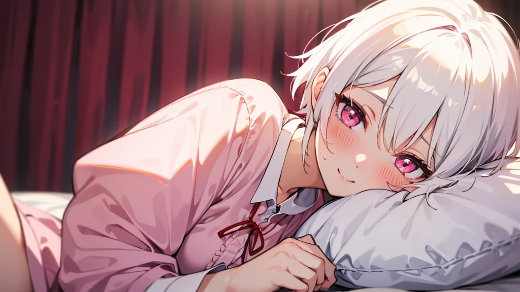 White Hair Girl、Pink Eyes、Short Hair、Only one girl、Night、In the bedroom、Blushing、laughing、Excited、Just One、Sitting on the bed、Sweating、Red ribbon on the right side of the head