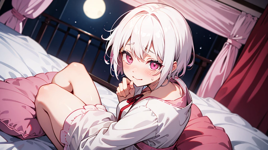 White Hair Girl、Pink Eyes、Short Hair、Only one girl、Night、In the bedroom、Blushing、laughing、Excited、Just One、Sitting on the bed、Sweating、Red ribbon on the right side of the head
