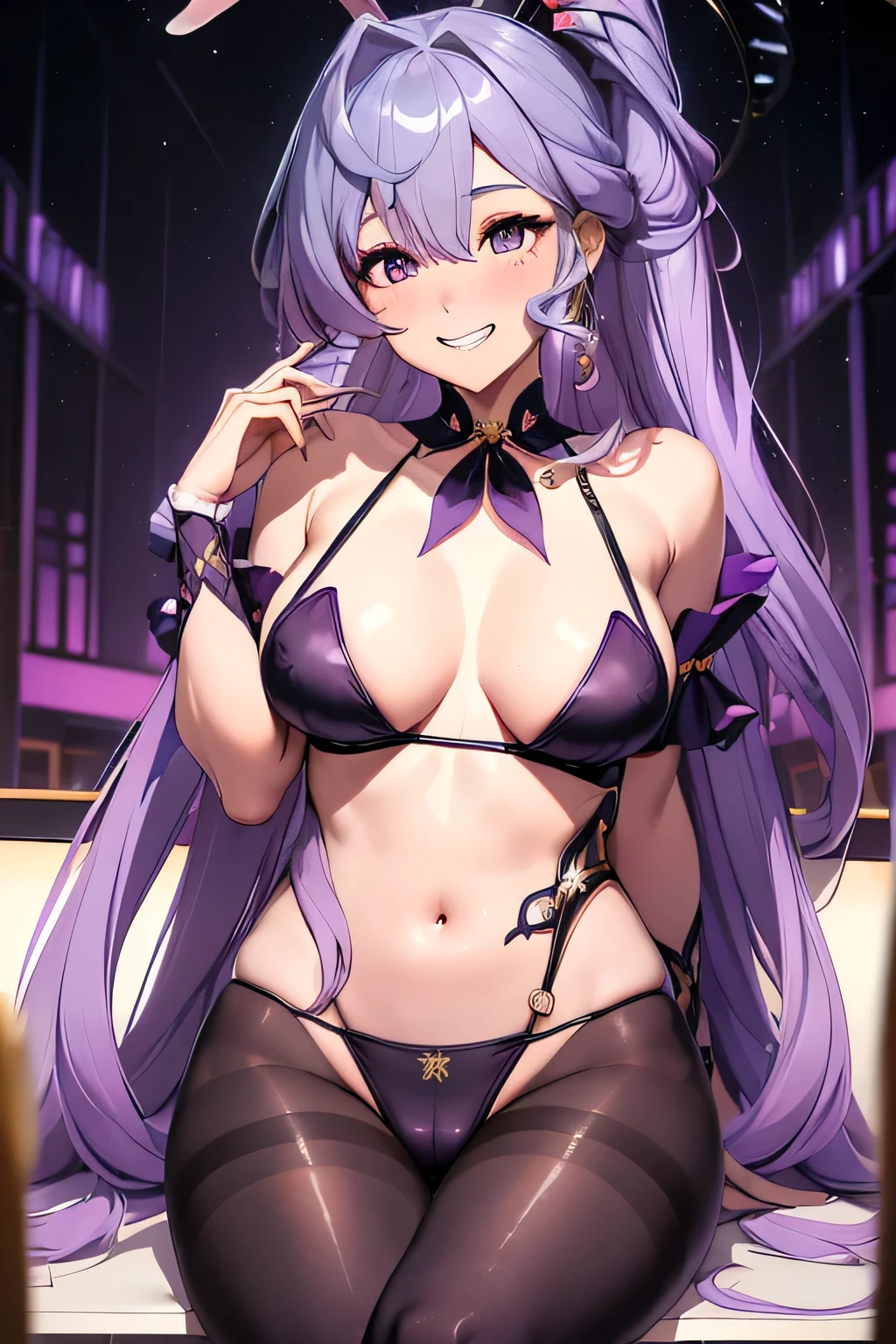 Mejiro dried barley,Long hair、(Purple Eyes 3.0)、bangs、Hair accessories、White hair、Symbolic eyes colorful hair、Side Ponytail、Gradient hair、(Purple Hair3.0)、Hair between the eyes、Interpupillary cross,Awkward,blush,(Perfect hands),(Perfect anatomical structure),(masterpiece),(best quality),((masterpiece、best quality、Very detailed)、((A girl))、((Purple Hair、Very long hair、Cover your eyes))、Pink Eyes、Smile、((There are many piercings))、((Large breasts))、Cowboy shooting、Shot from below、Office Background,((best quality)), ((masterpiece)), (detailed), (character focus、Breast Focus,whole body), Anime 2D Rendering, Realistic young anime women, Five fingers, Perfect face, Beautiful details, Beautiful Body, Beautiful breasts, Beautiful thighs, (Huge breasts)、Beautiful Feet, (Fair and beautiful skin), baby face、 12 year old girl、A girl、 ((Bunny Girl、(Black pantyhose), ((Grin))、She turned her face and body toward the audience,Beautiful face and charming smile,eternal,Hair Cover your eyes,(Large Breasts),比基尼,Shy,Exceed,Thick Legs,Succubus,Fascinating three-dimensional,Fascinating three-dimensional,Fascinating three-dimensional,Magical girl,glossy black,((前发Hair Cover your eyes)),night,No backrest,whole body,Purple Hair,Purple Eyes,bare legs,No backrest,Long hair