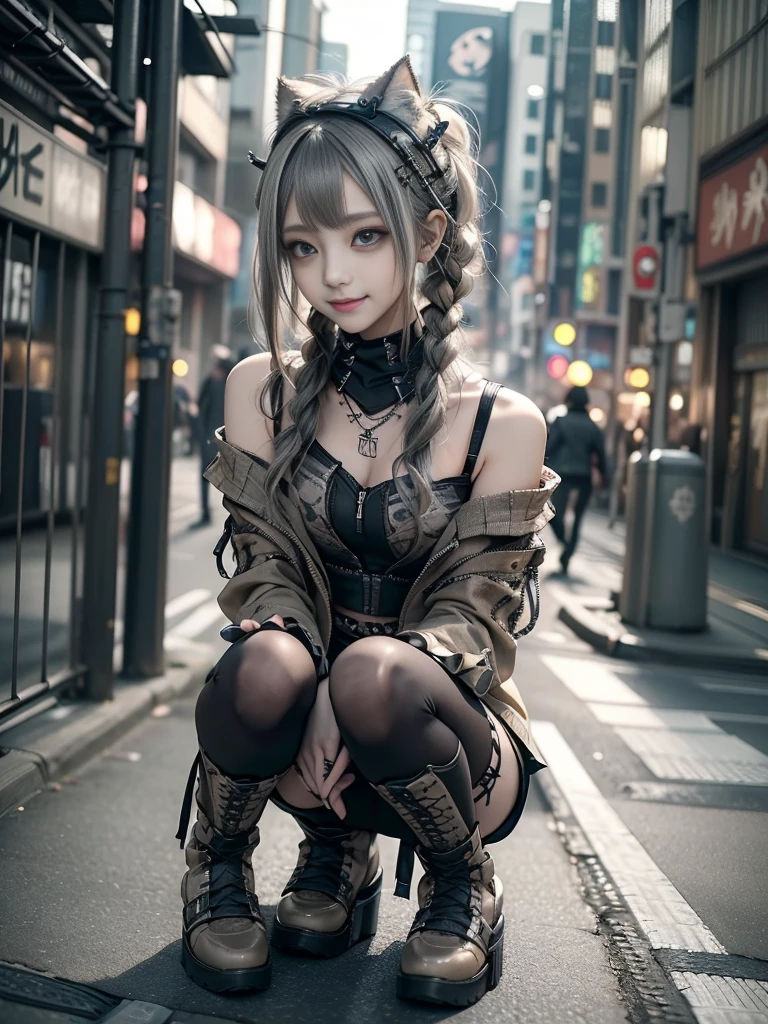 (Side view:1.1)、(Smiling with teeth showing:1.3),(Shibuya Gal:1.5)、(beautiful:1.5)、(Neo-Goth Fashion:1.5)、(Punk rock visual kei:1.5)、(A khaki and brown off-the-shoulder hoodie accessorized with delicate silver accessories..:1.5)、(A corset with a delicate beige and brown design:1.4)、(Dark gray, Khaki and brown snakeskin bodysuit:1.5)、(Snake print headband:1.3)、(Beige and charcoal knee socks:1.4)、Embellished collar and long boots、(I'm Snake print underwear for sale.:1.4)、(Long eyelashes:1.3)、(20-year-old)、((Highest quality、8k、masterpiece:1.3))、1 female、スリムでbeautiful腹筋:1.3、(Hairstyle Casual、beautiful boobs:1.1)、(Doing an aerobics pose:1.3)、dress:1.1、Super small face、Narrow eyes、double eyelid、A sloppy smile、Full Body Evian、Dynamic Angle、close、CPL Filter、Blurred Background、Bokeh、Blue Hour、Detailed face and skin texture、Detailed eyes、,(Twin tails:1.3)、(Black brown hair:1.3)、Idol Sculpture、(The background is a glamorous dance hall:1.3)、(Slimming your legs:1.4)、(The body is slim:1.3)、(clavicle:1.1)