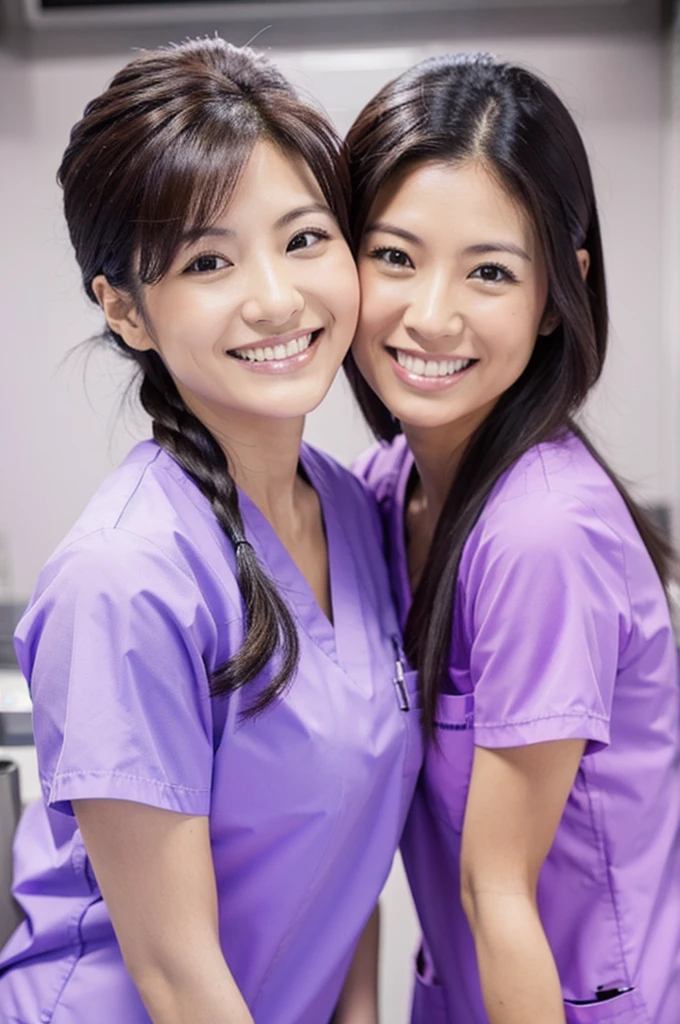 Dental hygienists, two women, smiling, all wearing light purple medical scrubs, short sleeves, Japanese, black hair, women in their early 30s Upper body close-up high resolution Highest quality Don't press your face too much Shooting outside Harmony々 No accessories included