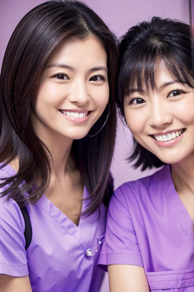 Dental hygienists, two women, smiling, all wearing light purple medical scrubs, short sleeves, Japanese, black hair, women in their early 30s　Upper body close-up　high resolution　Highest quality　　Don&#39;t press your face too much　Shooting outside　Harmony々　No accessories included
