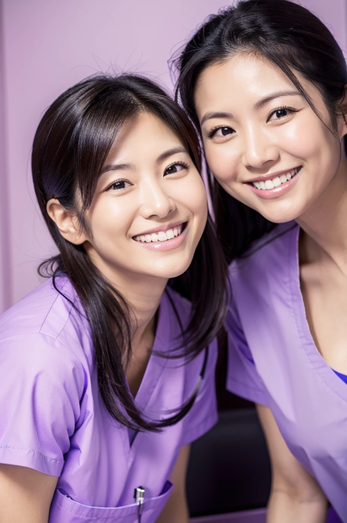Dental hygienists, two women, smiling, all wearing light purple medical scrubs, short sleeves, Japanese, black hair, women in their early 30s　Upper body close-up　high resolution　Highest quality　　Don&#39;t press your face too much　Shooting outside　Harmony々　No accessories included