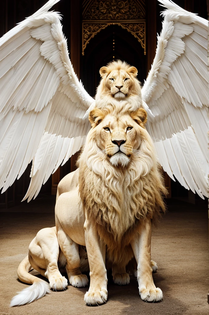 The lion grows two wings"
**Prompt**: "A regal lion with pristine white fur growing large, ethereal wings, ready to take flight, with a magical aura surrounding it.