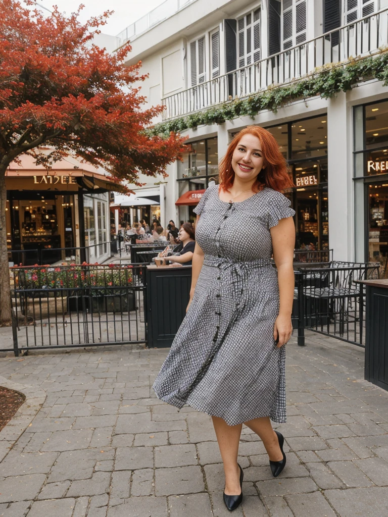 Xyrele, 1girl, solo, 30 years old, (((French face))), (((French nose))), (((French lips))), ((((chubby)))), (((wide hips))), (((red hair))), crinkly short hair, wearing checkered black designed modern dress wear, ((Background: Shopping at the outdoor mall)), ((upper body and upper legs)), smiling