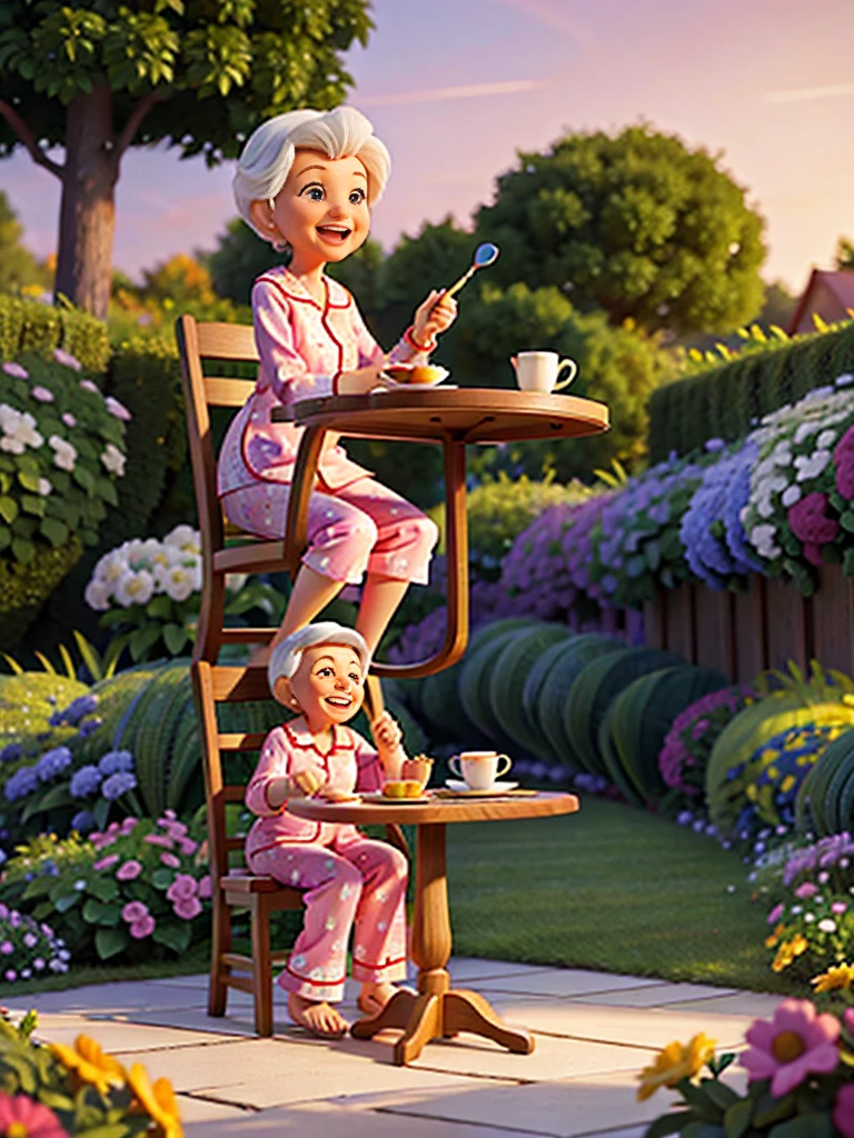 Create a 3D poster inspired by Disney bid. From a cheerful 80-year-old woman, with elegant pajamas, sitting in a rocking chair, a little table with breakfast,in a nice garden, in a dawn atmosphere