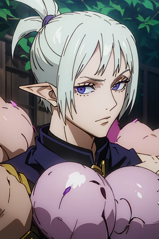 elf abina, he would be, short platinum hair, lilac eyes, facial 