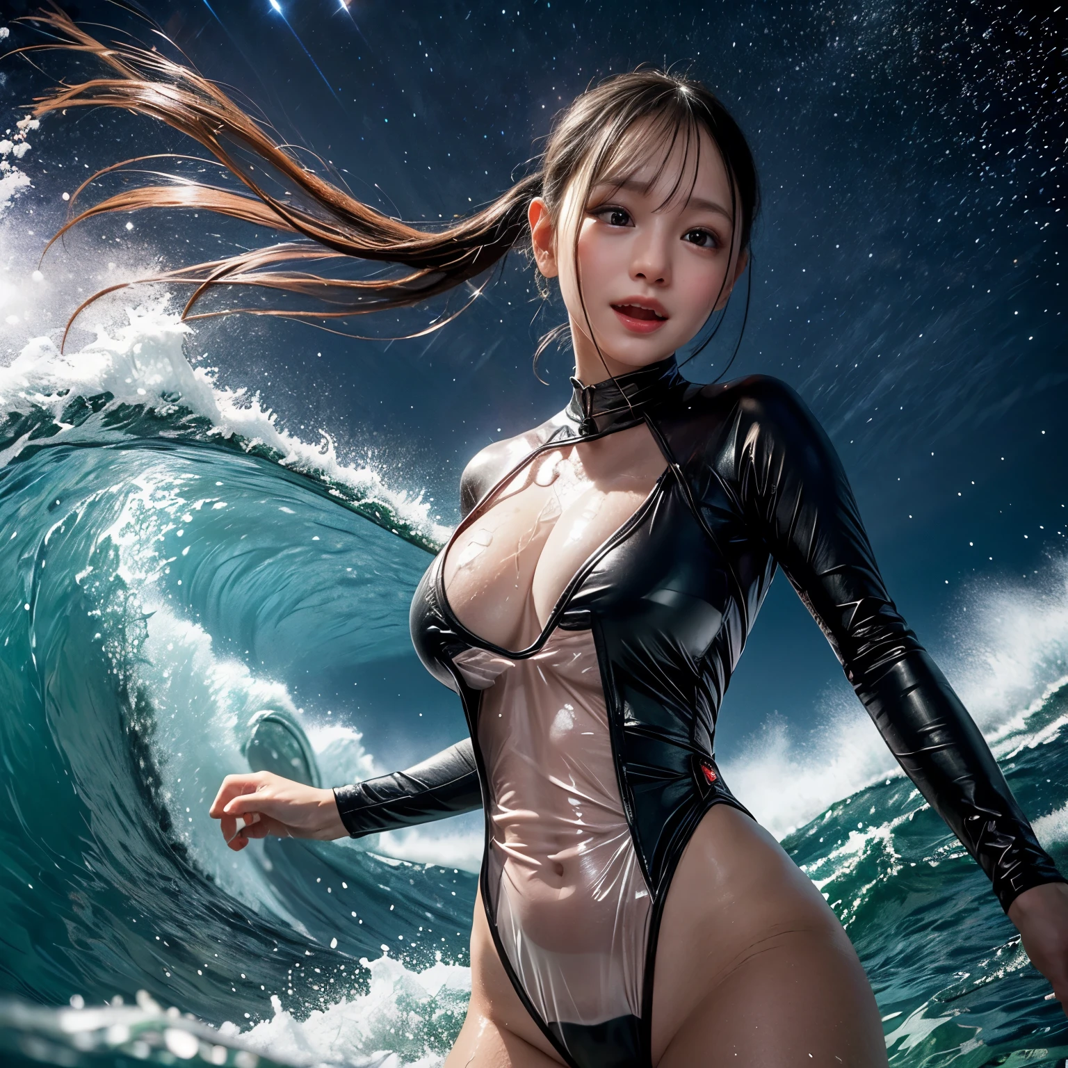 (ZoomedOut:1.28, Wide-shot) ZoomLayer (Epic photo of surfer magazine:1.37). (Full of Water, Everything Wetted:1.4) WetHair (extremely detailed Cute Girl in RED)(SparklingHighlights:1.28), Dynamic Joyful Expressions LifeLike Rendering (ManoErina:1.0) . Overflowing Gigantic Sideboob (Clearly Visible Beautiful Breast to Buttocks Line) Tiny and Roundly Butt, Detailed wet clothing texture, (Sloppy Surfboard:-1.2) Riding on waves, Sparkling water, TyndallEffect(Starry Water Particles:1.32), Whole Body proportions and all limbs are anatomically accurate