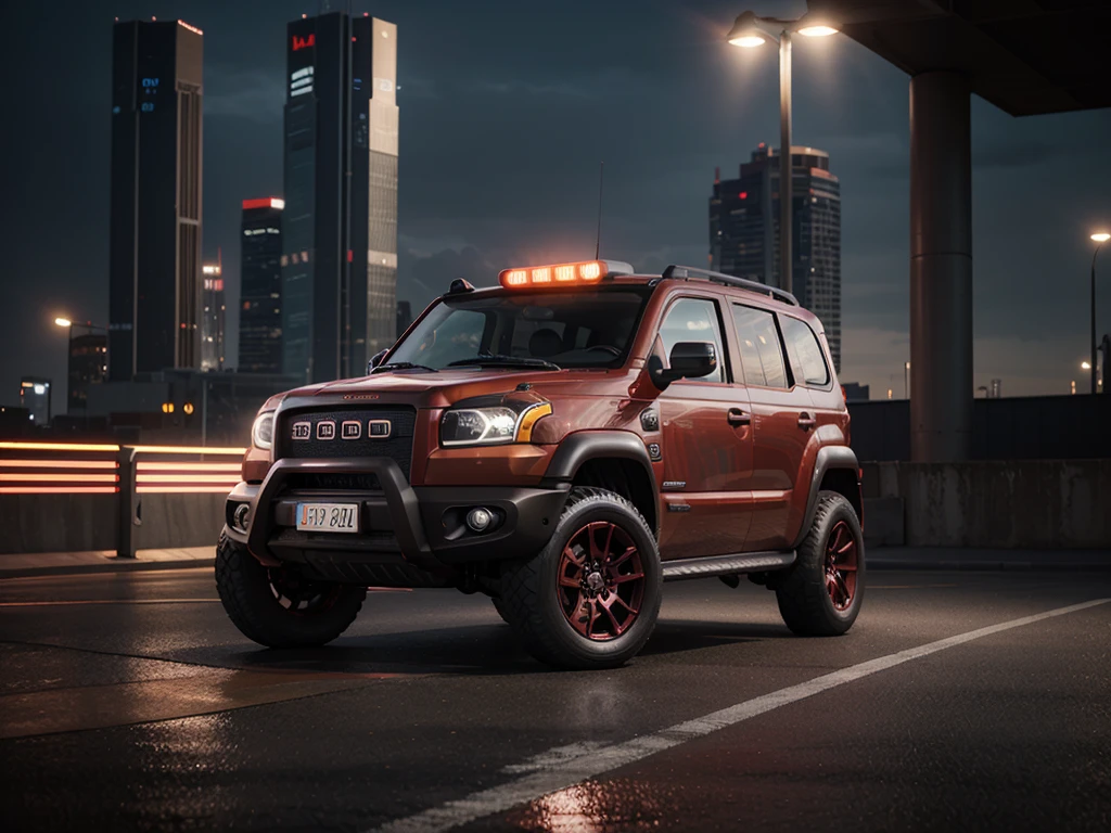 detailed modern futuristic UAZ Hunter in rusty-red color for city with perfomance version, highly detailed, cinematic lighting, hyper realistic, 8k, photorealistic, best quality, cinematic composition, dramatic atmosphere, advanced technology, glowing holographic displays, sleek metallic surfaces, advanced aerodynamic design, complex machinery, intricate details, elegant curves, vivid colors, neon highlights, advanced digital interface, seamless integration of technology