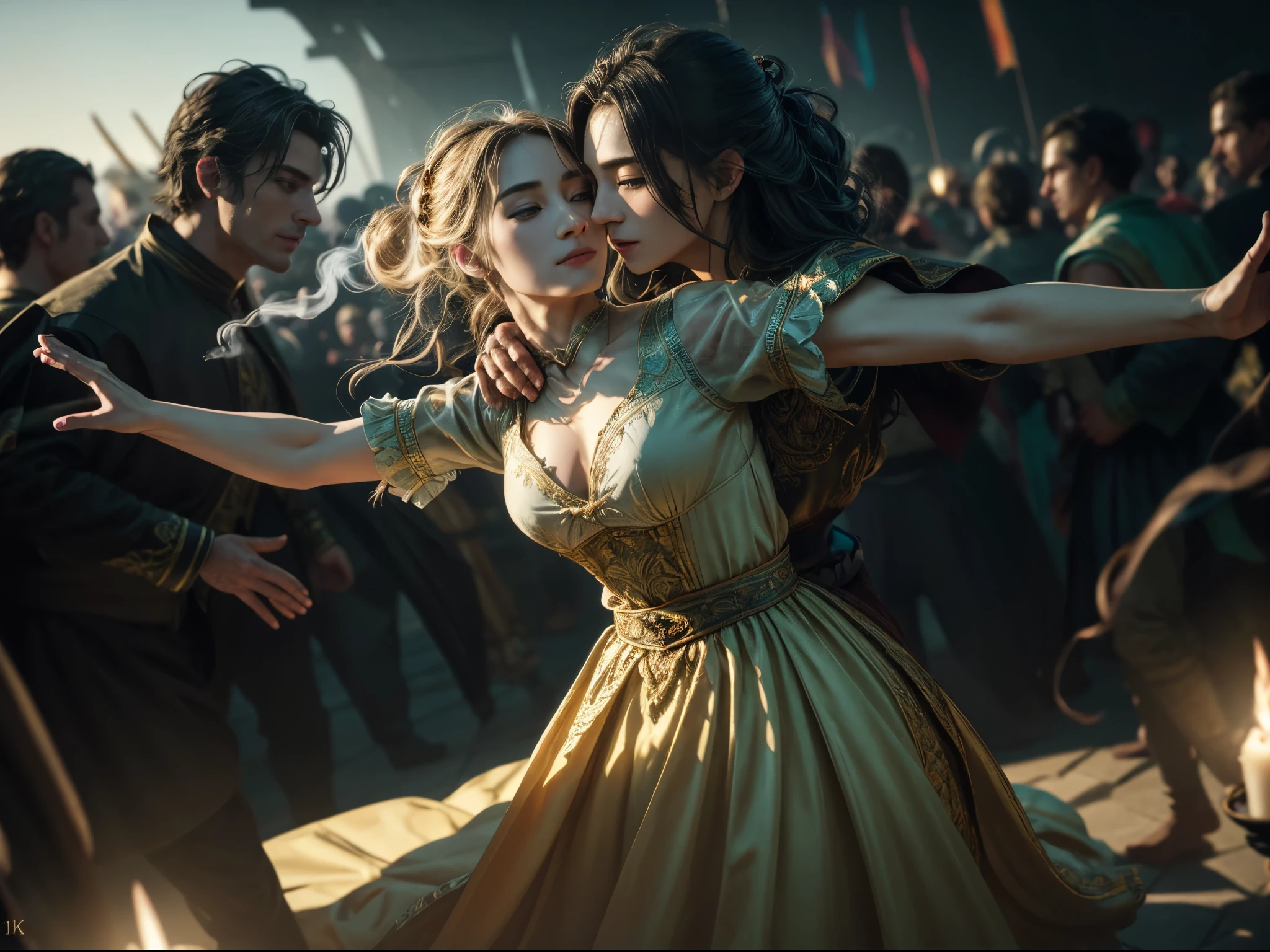8k, elegant, majestic, digital photography, ((masterpiece)), sidelighting, hdr,  vibrant abstraction of a medieval festival, dynamic dancers twirl amidst a sea of vivid, (highly detailed face:1.5), swirling hues, evoking joy and movement. Realistic hands. [The character is surrounded by mist, evoking a mysterious and eerie atmosphere. The lighting is dark and atmospheric, with smoke adding a touch of sinister ambiance. Best quality image, HDR enhancement, showcasing the utmost level of detail and realism, full body shot:1.5]. [8K, Best Quality, Ultra High Resolution, (highly detailed CG unity 8k wallpaper), (best photo), (best shadows), isometric 3D, octane rendering, ray tracing, highly detailed, (Best quality, 4K, 8k:1.2), absurdity, ultra detailed, (realistic, photorealistic, photorealistic:1.37), complex parts, HDR, (complex parts:1.12), (hyper detailed, hyper realistic, Soft lighting, spicy:1.2), (complex parts, Hyper detailed:1.15). Blurred foreground. (backlit), masterpiece, high quality, brightness, chromatic aberration, foggy smoke, shadows, contrast, clear sky, (warm hue, warm tone), high details, natural reflections]. (YES SFW)