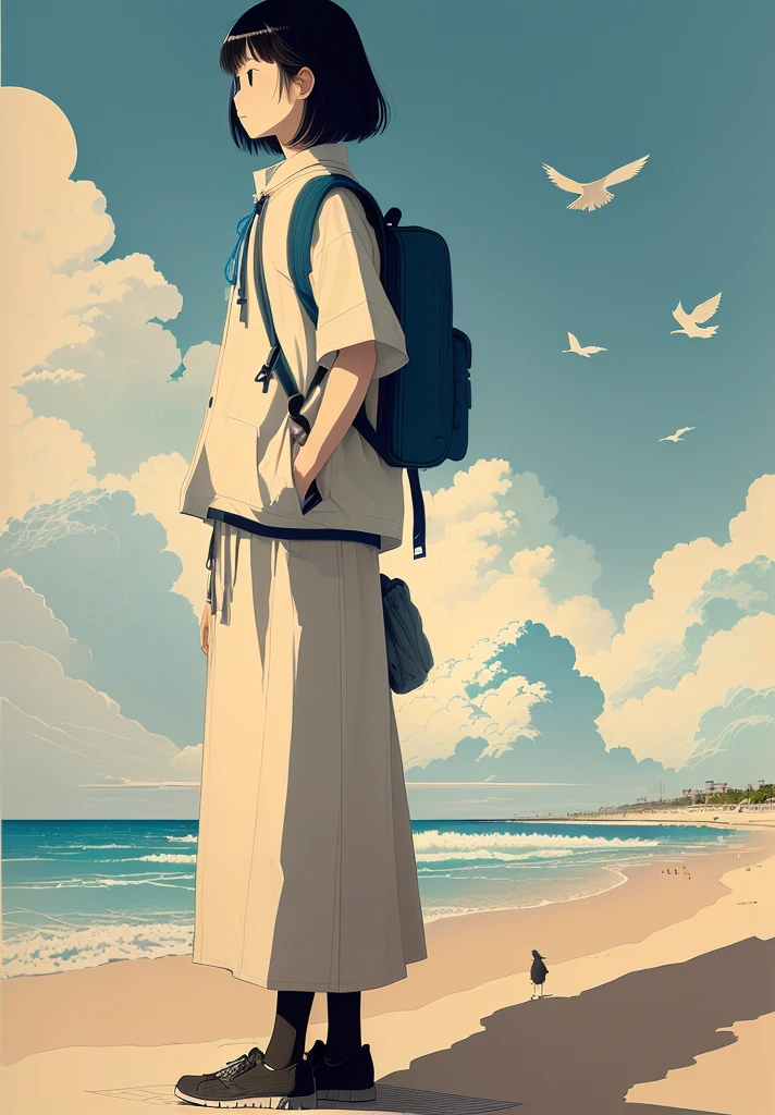 A man standing on the beach,Carrying a backpack,A bird flies in the sky, Inspired by Takeyama Koji Saneatsu, This girl has a backpack, Saul Steinberg(Saul Steinberg)of inspiration, Inspired by Yasui Kotaro, Explorer Sketch, Inspired by Michizari Kono, Line Drawing, Inspired by Onchi Koshiro