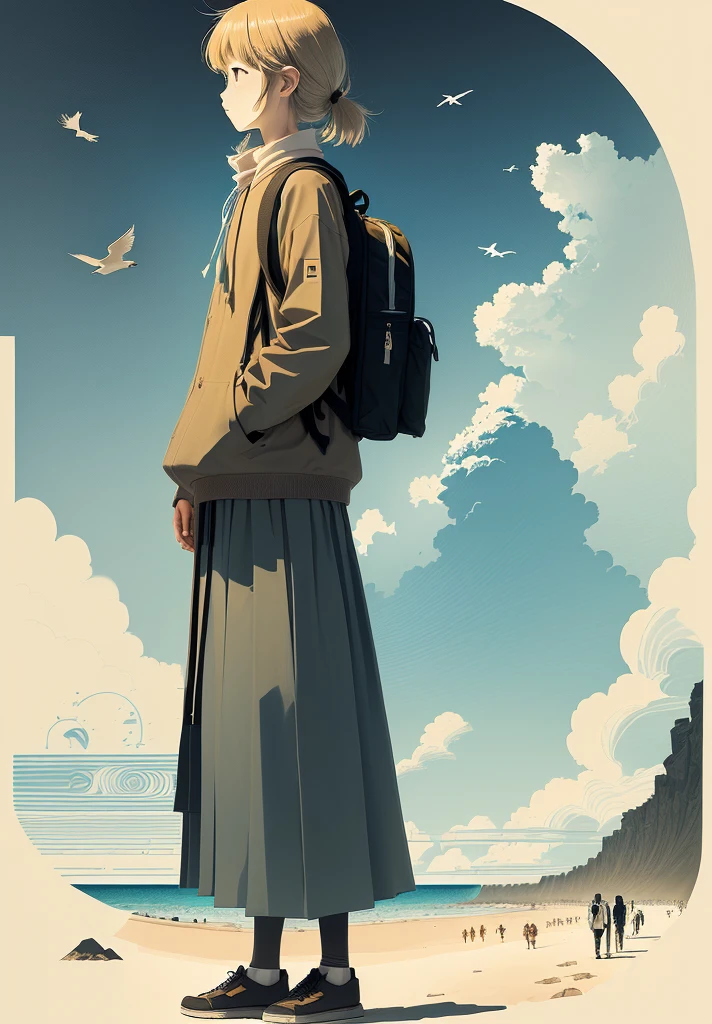 A man standing on the beach,Carrying a backpack,A bird flies in the sky, Inspired by Takeyama Koji Saneatsu, This girl has a backpack, Saul Steinberg(Saul Steinberg)of inspiration, Inspired by Yasui Kotaro, Explorer Sketch, Inspired by Michizari Kono, Line Drawing, Inspired by Onchi Koshiro