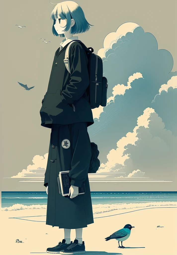 A man standing on the beach,Carrying a backpack,A bird flies in the sky, Inspired by Takeyama Koji Saneatsu, This girl has a backpack, Saul Steinberg(Saul Steinberg)of inspiration, Inspired by Yasui Kotaro, Explorer Sketch, Inspired by Michizari Kono, Line Drawing, Inspired by Onchi Koshiro