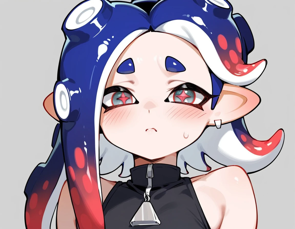 (8K、Best image quality、Highest quality、masterpiece)、Detailed face、Real Anime、3d、1. Splatoon Girl、Dark silver tentacle hair、Long tentacle hair、Pink inner hair、Golden Eyes、Earrings、Wicked Smile、gigantic breast、White shirt、Long sleeve、((Button removed))、Cleavage、((White lace bra))、Black pleated skirt、((White and black striped panties))、White socks、loafers、Sit with your knees raised、On my back、Shooting from above、Girl in a box