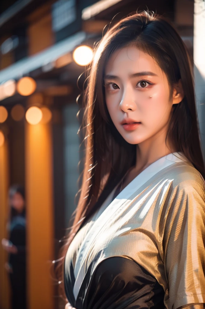 japanese, woman, young adult, straight hair, black hair, medium hair, kyudo wear, Surrealism, High detail, Cinema Lighting, Ray Tracing, viewing angle, Eye-level shot, Hyper HD, masterpiece, Textured skin, 4K, Highest quality,