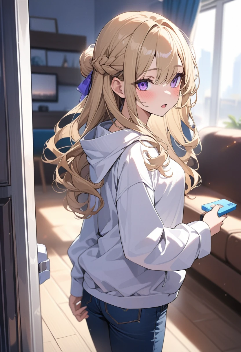 masterpiece, best quality, extremely detailed, ultra detailed, flat anime, 2D,
1girl, (young adult:1.2),blonde hair, (semi-long hair:1.2), curly hair, french braid, medium breasts, purple eyes, tsurime, height 1.7meters, 
white hooded sweatshirt, jeans,bracelet, long sleeves,socks,
very interesting, open mouth, ((USB flash memory in hand)), 
upper body, portrait, looking back
summer, livingroom, 12AM., standing