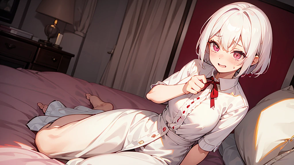 White Hair Girl、Pink Eyes、Short Hair、Only one girl、Night、In the bedroom、Blushing、laughing、Excited、Just One、Sitting on the bed、Sweating、Red ribbon on the right side of the head