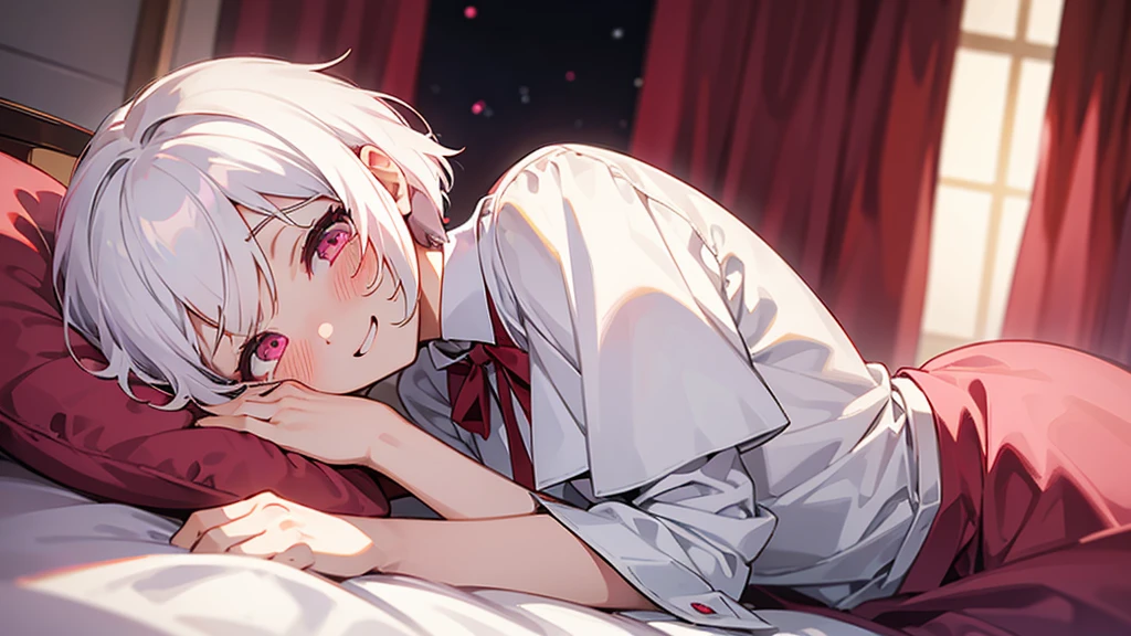 White Hair Girl、Pink Eyes、Short Hair、Only one girl、Night、In the bedroom、Blushing、laughing、Excited、Just One、Sitting on the bed、Sweating、With tears in their eyes、On all fours