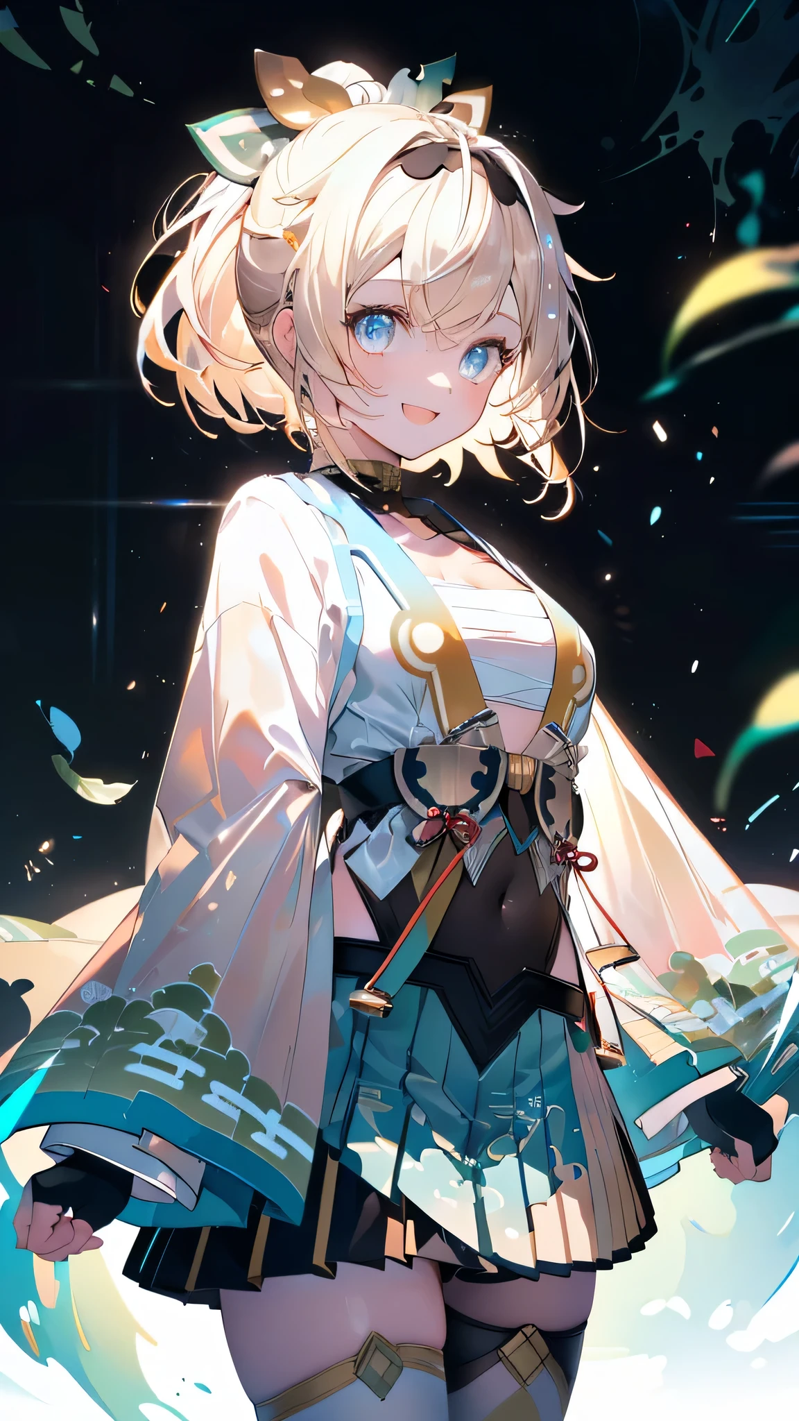 (Ultra-high resolution,masterpiece, Attention to detail, Highest quality), 8k,(1girl, kazama iroha, blonde hair, fingerless gloves, japanese clothes, white thighhighs, haori, black gloves, bangs, pleated skirt, ponytail, chest sarashi, Blue eyes, black hairband, hair ornament, leaf hair ornament, long sleeves, covered navel, breasts),(Blessed,Captivating body、Ultra-detailed skin、Super beautiful eyes、Detailed Background),One girl、 (cheerful ,enjoy :1.5),