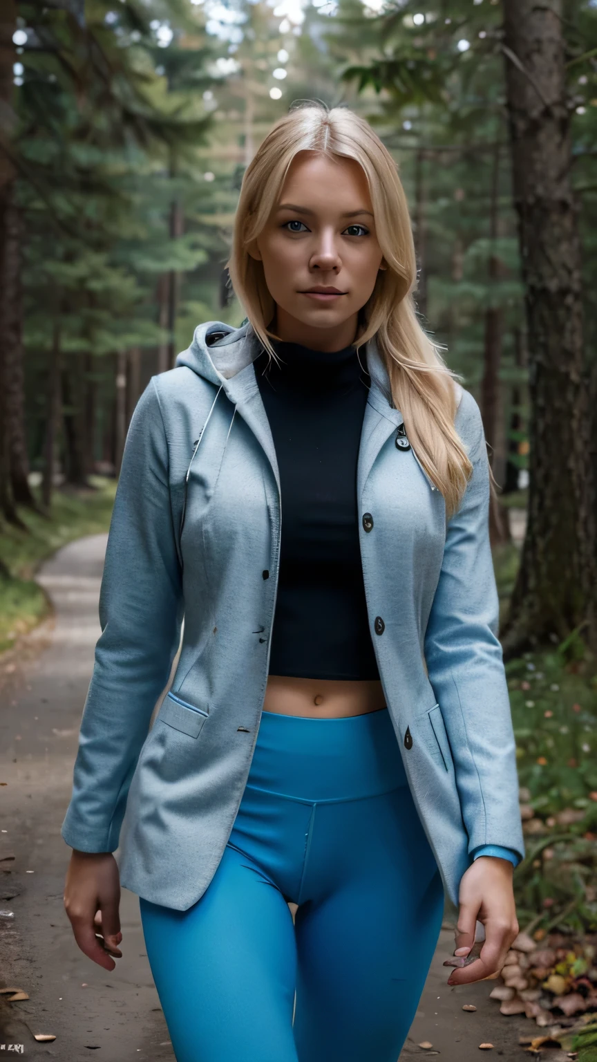 A Woman nordic blonde with pretty blue eyes walking in forest wearing legging, sporting a sports coat with a hood, realistic photorealism style, high detail, Leica M9 50mm f/1.4.
