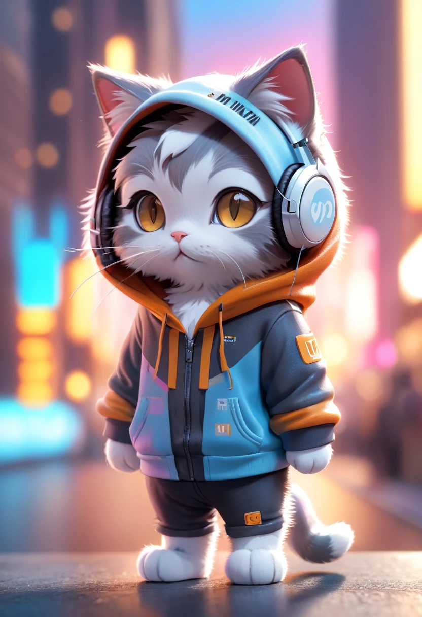 Cute cat,Hairy,Wearing a hoodie and headphones, blurred city background, Cute numbers, 3D Rendering, Bright light, Vibrant colors,