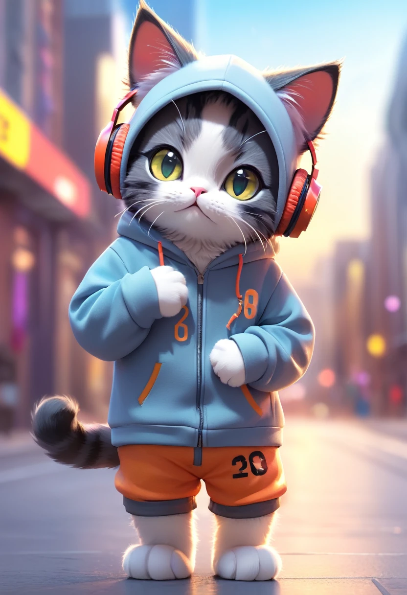 Cute cat，Hairy，Wearing a hoodie and headphones, blurred city background, Cute numbers, 3D Rendering, Bright light, Vibrant colors,