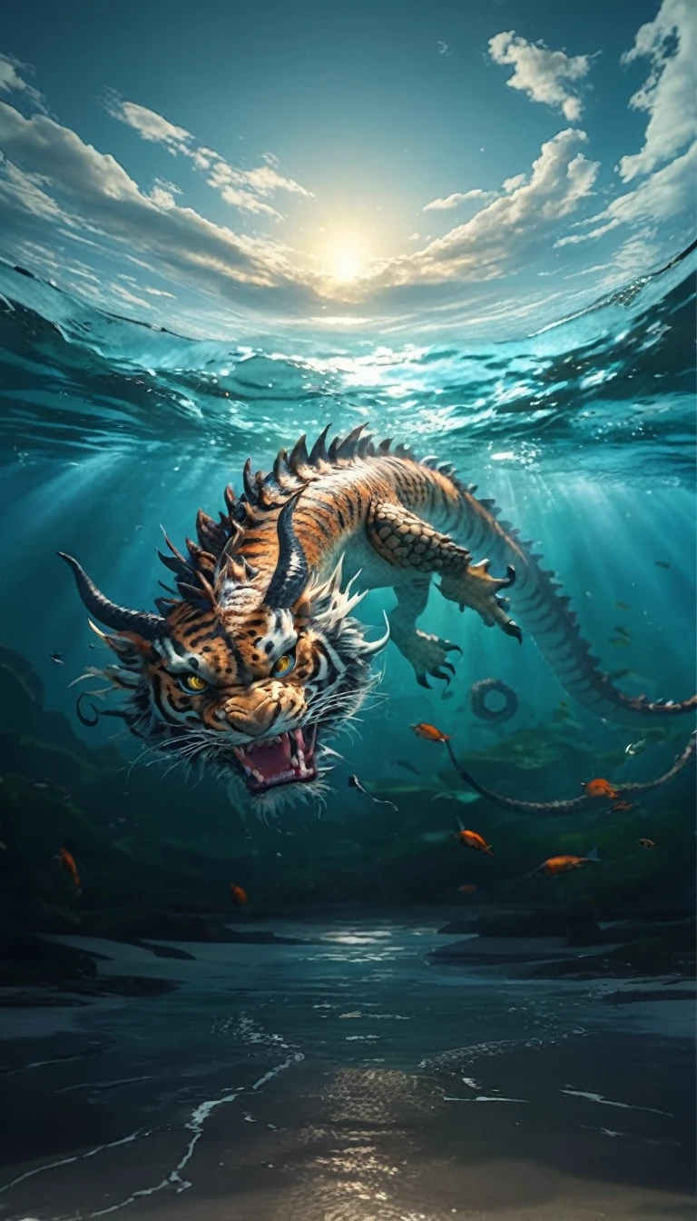 水中有一种Fantasy Creatures(best quality，4K，8k，High level，masterpiece：1.2），Ultra Detailed，（lifelike，Photo real，Photo real：1.37），Highly detailed animals，Complex patterns，Realistic lighting，Fantasy Creatures