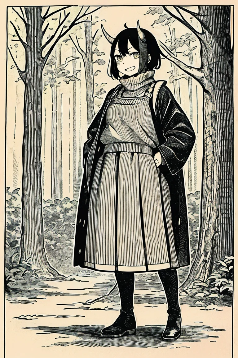 The prompt for generating an artistic image is as follows: "young girl with short black hair, wearing a vest and pullover, with dragon horns and sharp teeth, standing and smiling. She is wearing a full body winter dress with boots and a long skirt. The scene is set in a forest, with the girl dressed in medieval clothes." Tags: young girl, short black hair, vest, pullover, dragon horns, sharp teeth, standing, smiling, full body, winter dress, boots, long skirt, forest, woman-medieval-clothes Image quality: (best quality:1.2), ultra-detailed, realistic:1.37 Art style: portrait, fantasy Color tone: natural, earthy tones Lighting: soft natural light