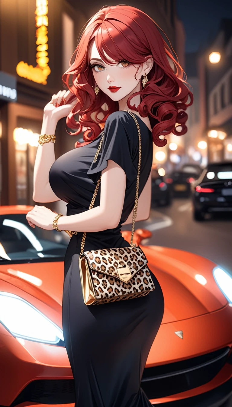 (((masterpiece))),(((high resolution)))、(((8K picture quality)))、(((Perfect face)))、((High quality eyes)), Attractive 40 year old woman, Anime style、Too many bangs、curls, Medium Length Hair, ((Hair covering one eye)), Red hair, Small Eyes, Brown eyes, beautiful eyes、Thick red lips、Large Breasts、Big Ass、night、cleveage、Very beautiful face、Cowboy shooting, Back, A leopard print bag and black dress. Add a touch of glamour with gold accessories, Natural smile、Standing next to a luxury sports car、Sexy pose、Shallow depth of field、