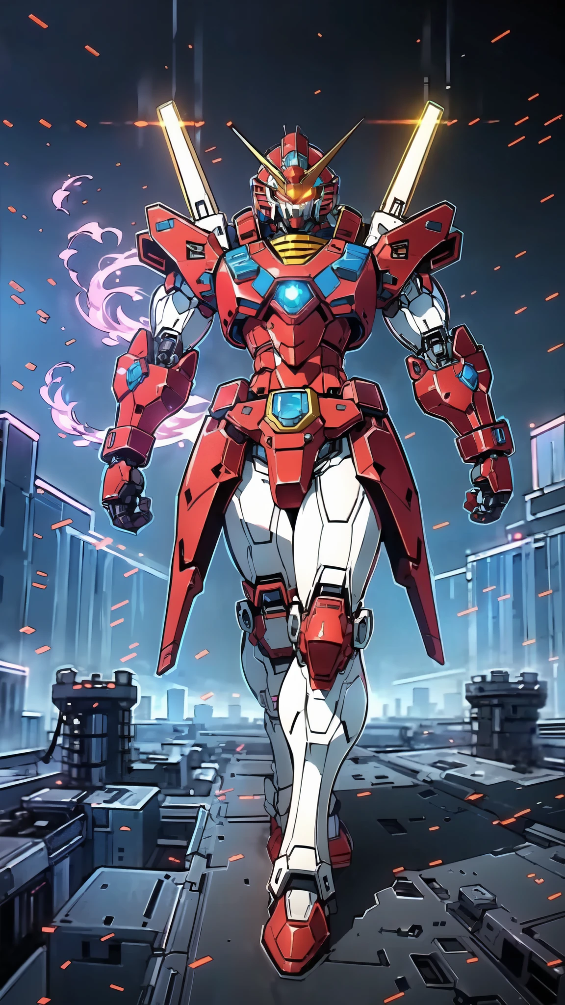 (masterpiece:1.5, best quality:1.5, extremely delicate:1.5), humanoid Mecha, fully enclosed shoulder guards, matching arm and leg guards, full body, full armor, the design balances heavy with agility, (the color scheme is primarily white with red and blue accents, the concept Inspired by Super robot, organic biotech armor, standing, floating high above the futuristic sci-fi city), exquisite and mature art style, (aura effect, energy, glowing eyes, the armor glows), metallic, dramatic, high definition, highres, ultra-detailed, ultra-fine painting, professional, perfect body proportions, anatomically correct, symmetrical face, extremely detailed eyes and face, high quality eyes, creativity, RAW photo, UHD, 32k, Natural light, cinematic lighting, masterpiece-anatomy-perfect