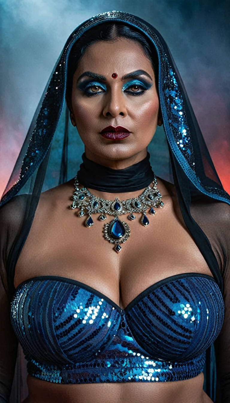Looks like Debashree Roy, full body Closeup shot, Big chubby aunty, milf, cougar lady witch, horny Gothic milf, 70 years old gorgeous mature lady, pervert demoness, demoness of lust, curvy, black lips, horny face, extremely gorgeous, thick figure, heavy physique, voluptuous, curvy, sexy figure, Fashionable portrait of androgynous alien looking witch wearing veil, glowing eyes, futuristic design, minimal details, givenchy, photoreal, 200mm, hd, f/ 2.0, highly detailed, surreal, sexy beautiful evil woman, sexy bold sequin Saree with strapless Bra, chudail, Pishachini, horror genre, blood-thirsty enchantress, powerful female spirit, eerie, drop dead, in the style of red and blue, (intricate details, hyperdetailed:1.15) (skin texture:1.2), dark Moody tone, cinematic lighting, haunted place in background,