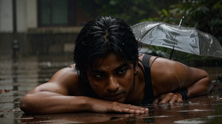Arjun collapsing in the rain, exhausted.