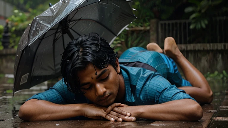 Arjun collapsing in the rain, exhausted.