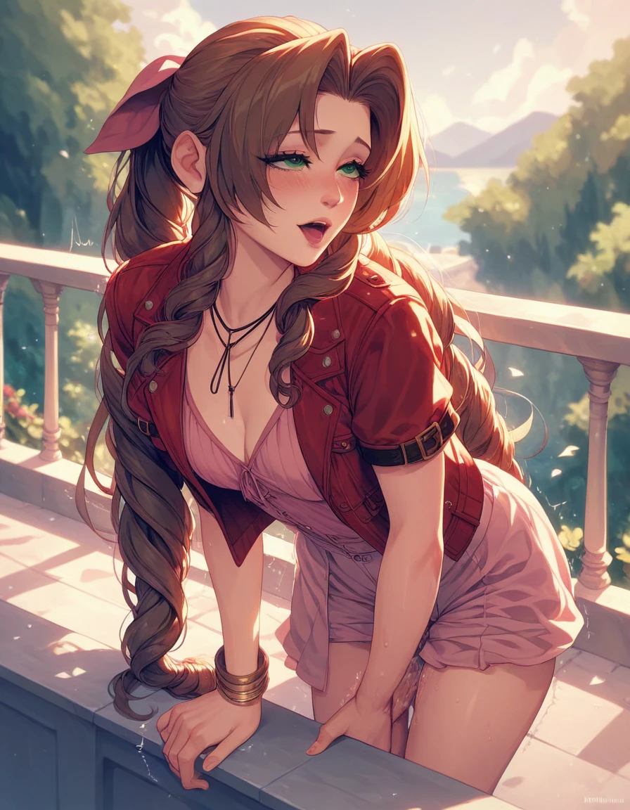 (best quality), (very aesthetic), (ultra-detailed), (best illustration), Aerith naked ,Trembling with pleasure, Masturbating while standing (outdoor balcony) the eyes are open with pleasure