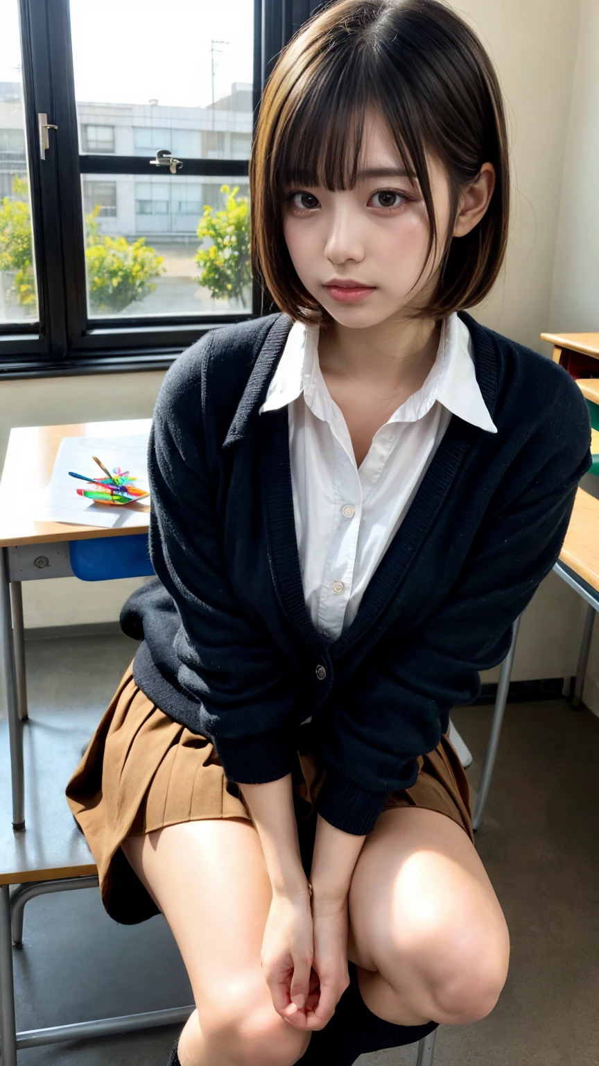 Enchanting anime girl, [ 4k digital art ]!!,Ultra-realistic painting, Art with attention to detail, 8k high quality detailed art,Curvy Tanned Gal,(puppet,Thick lips:1.2),Dress shirt,cardigan,,Side details,Pleated skirt,Brown Loafers,Blonde Short Hair,(Dark Skip:1.3),loose socks,Sweaty,close,Crouch on the desk,In the classroom,(Blushed),