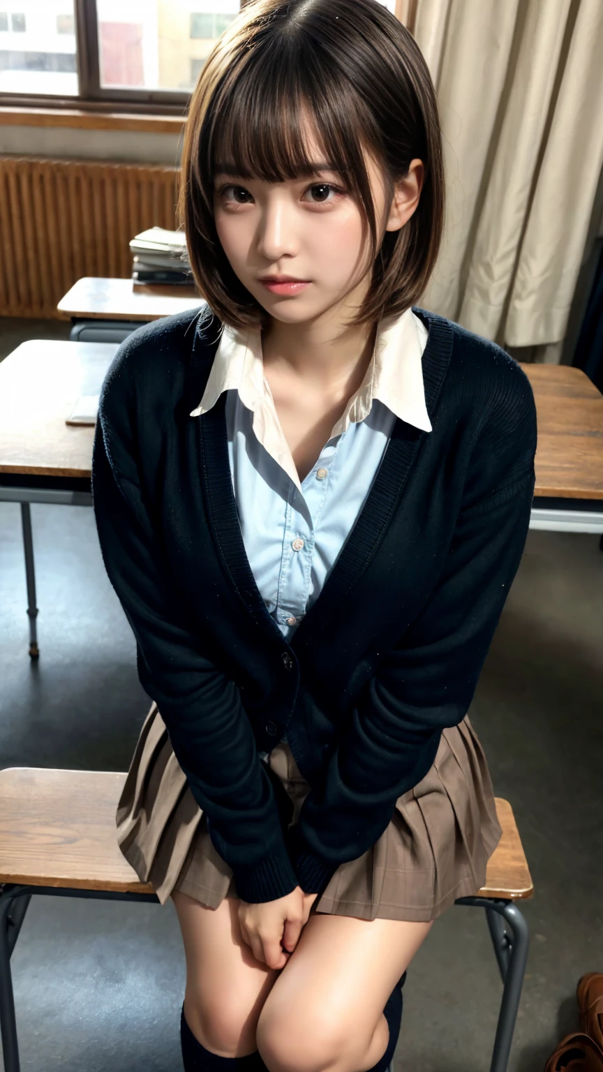 Enchanting anime girl, [ 4k digital art ]!!,Ultra-realistic painting, Art with attention to detail, 8k high quality detailed art,Curvy Tanned Gal,(puppet,Thick lips:1.2),Dress shirt,cardigan,,Side details,Pleated skirt,Brown Loafers,Blonde Short Hair,(Dark Skip:1.3),loose socks,Sweaty,close,Crouch on the desk,In the classroom,(Blushed),