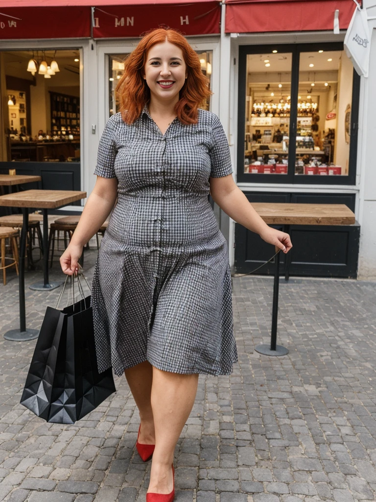 Xyrele, 1girl, solo, 30 years old, (((French face))), (((French nose))), (((French lips))), ((((chubby)))), (((wide ))), (((red hair))), crinkly short hair, wearing checkered black designed modern dress wear, ((Background: Shopping at the outdoor mall)), ((upper body and upper legs)), smiling