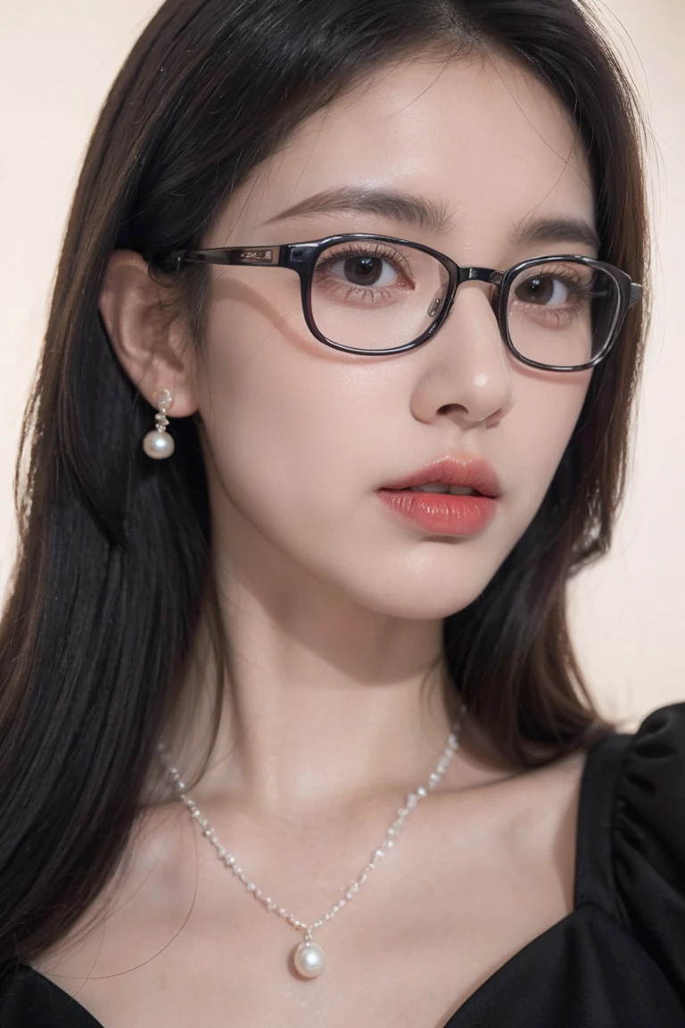 Beautiful woman looking down at her phone, close-up profile of her face, woman in black dress, pearl earrings and necklace, wearing glasses, intense and longing gaze, high-quality realistic portrait photos, natural skin tone, soft lighting, shallow depth of field, photo level realism, 8k, super details, complex details